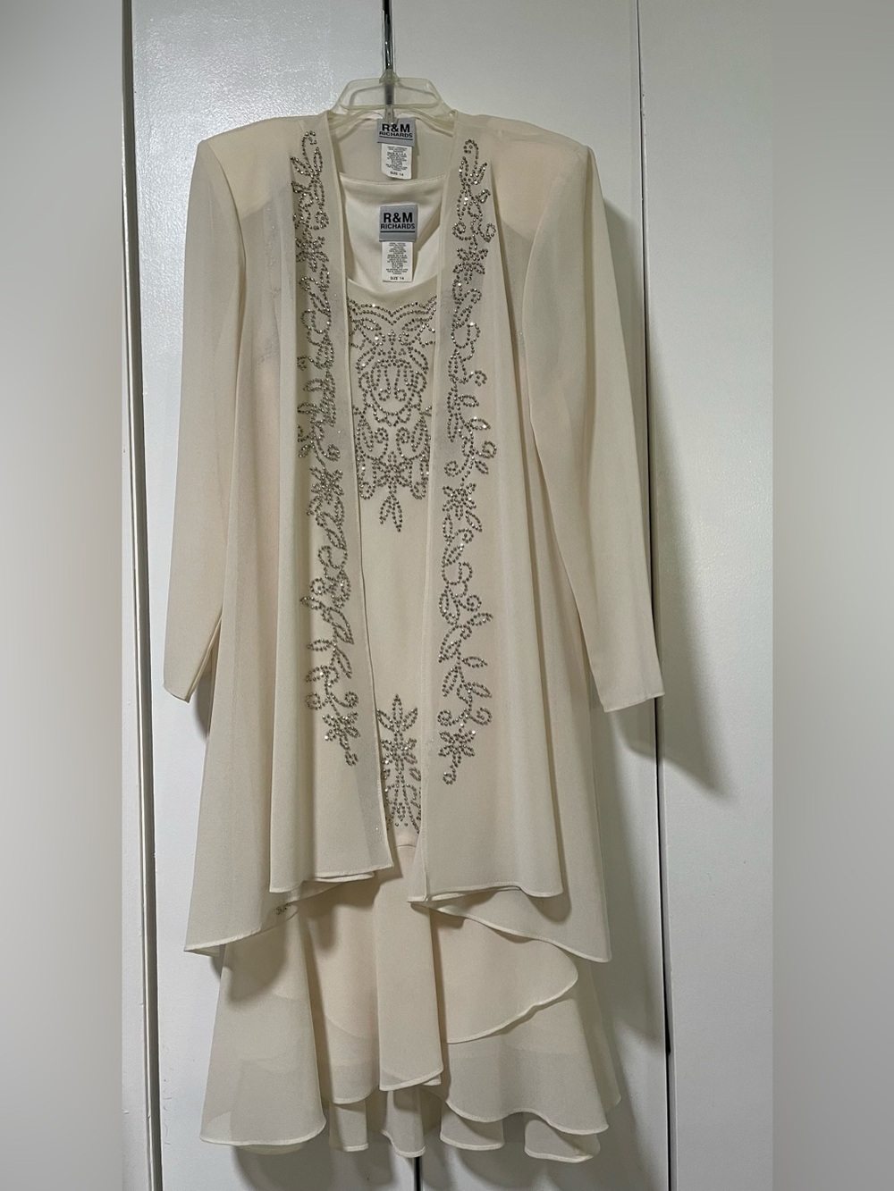 R&M Richards Ivory Chiffon Maxi Dress with Beaded Overlay Jacket
